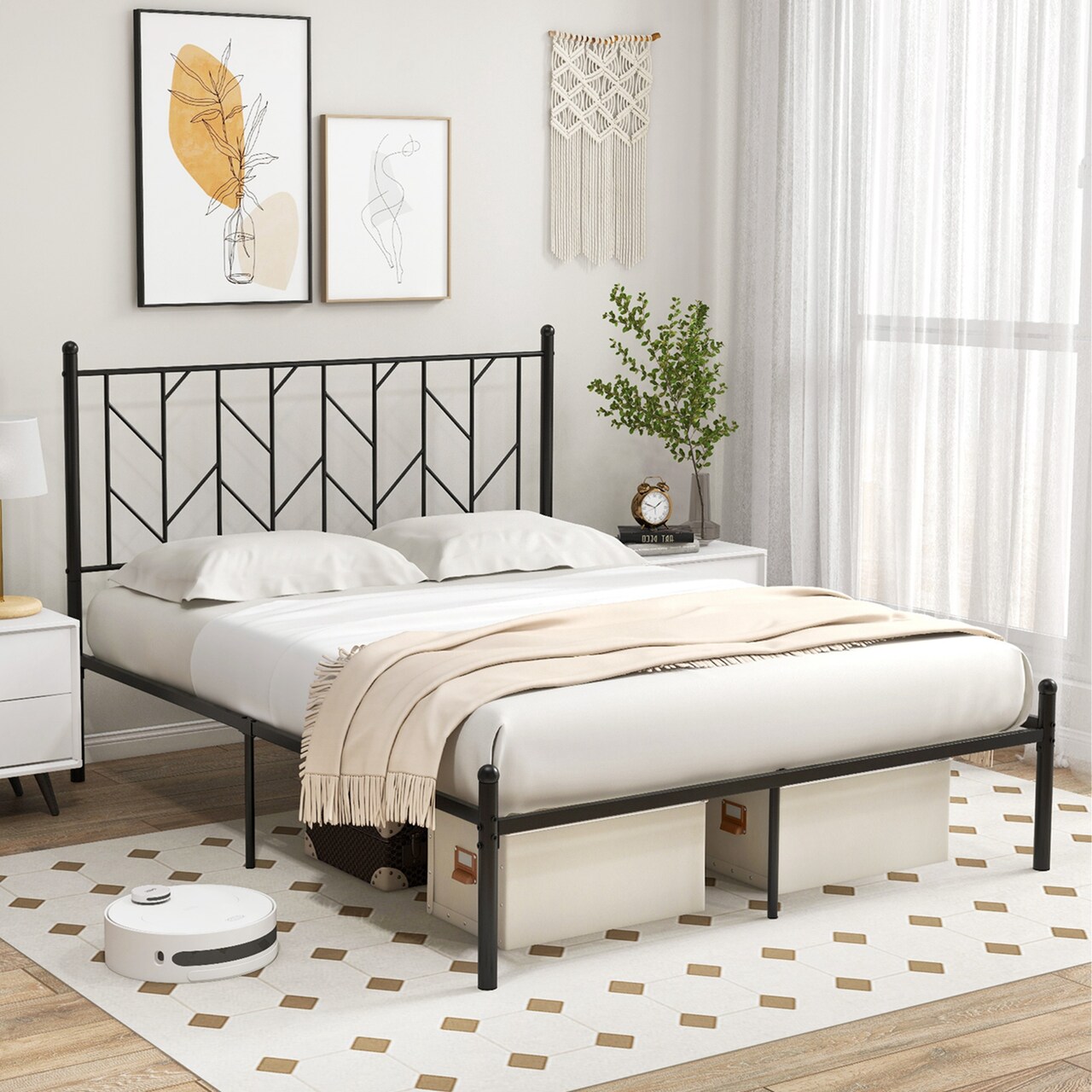 Costway Full/Qween/Twin Size Metal Platform Bed Frame Vintage Headboard Mattress Foundation Black